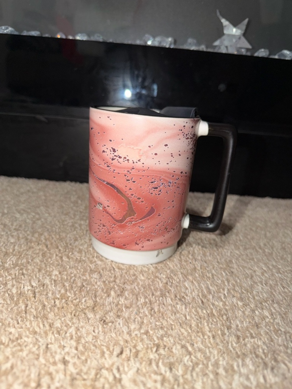 Pink Marbled Ceramic Mug with Black Handle